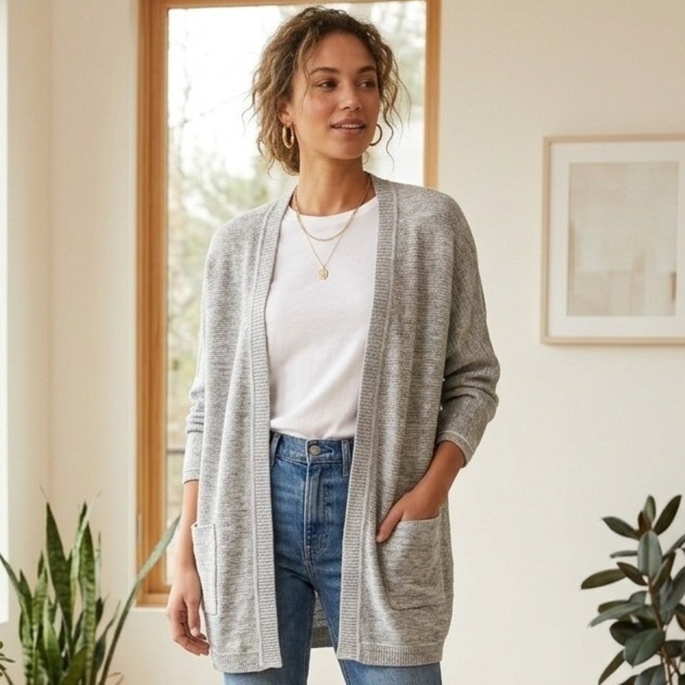 Pure Jill Cardigan Sweater Women XL Petite Grey Open Front Cozy Layering Neutral